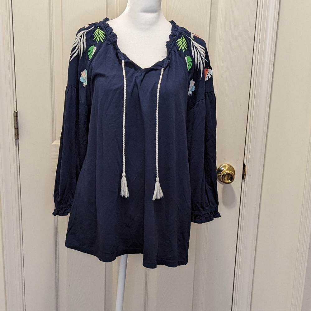 CHARTER CLUB Petite Embroidered Peasant Top NWT